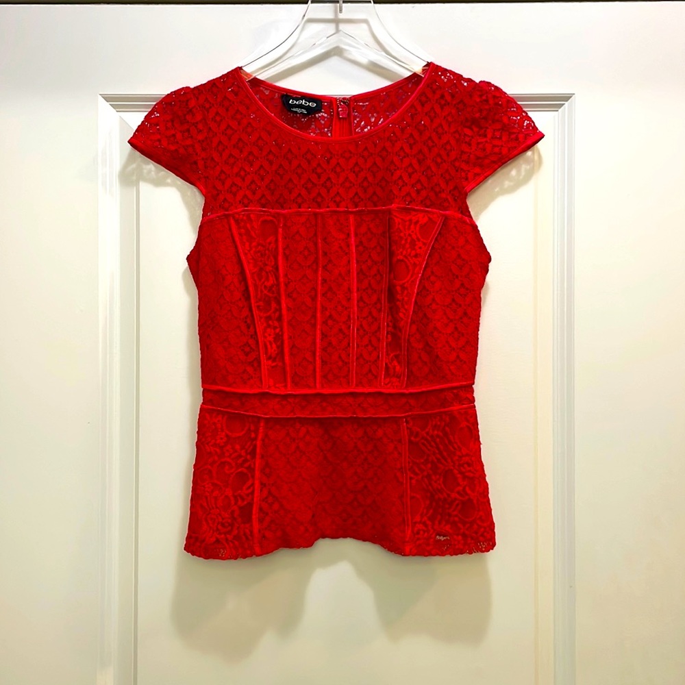 BeBe Red Lace Short Sleeve Top